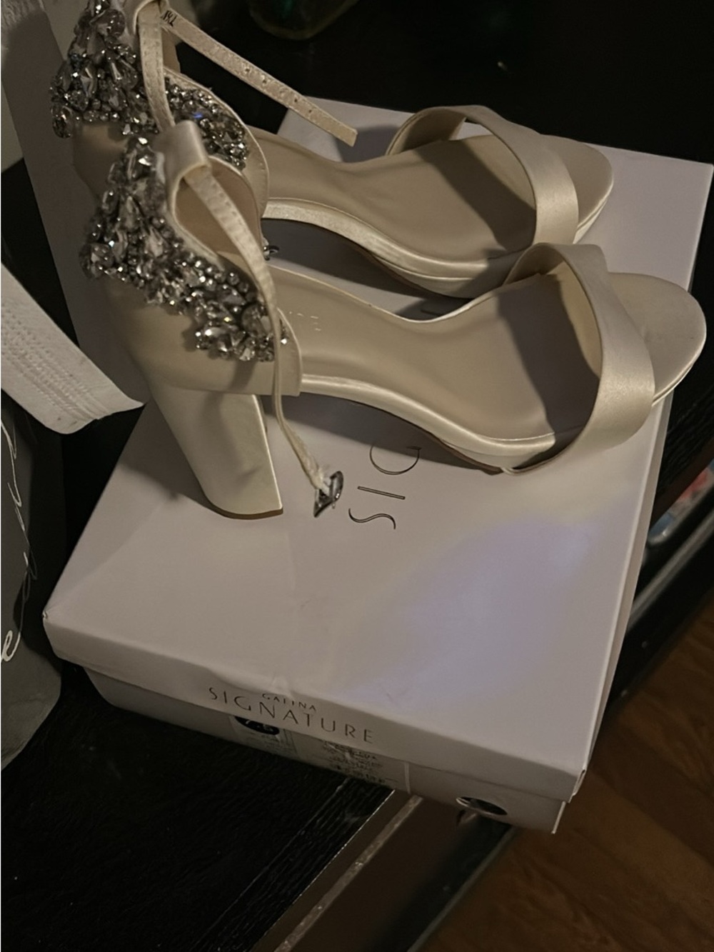 Embellished Ivory Block Heel Sandals with Ankle Strap